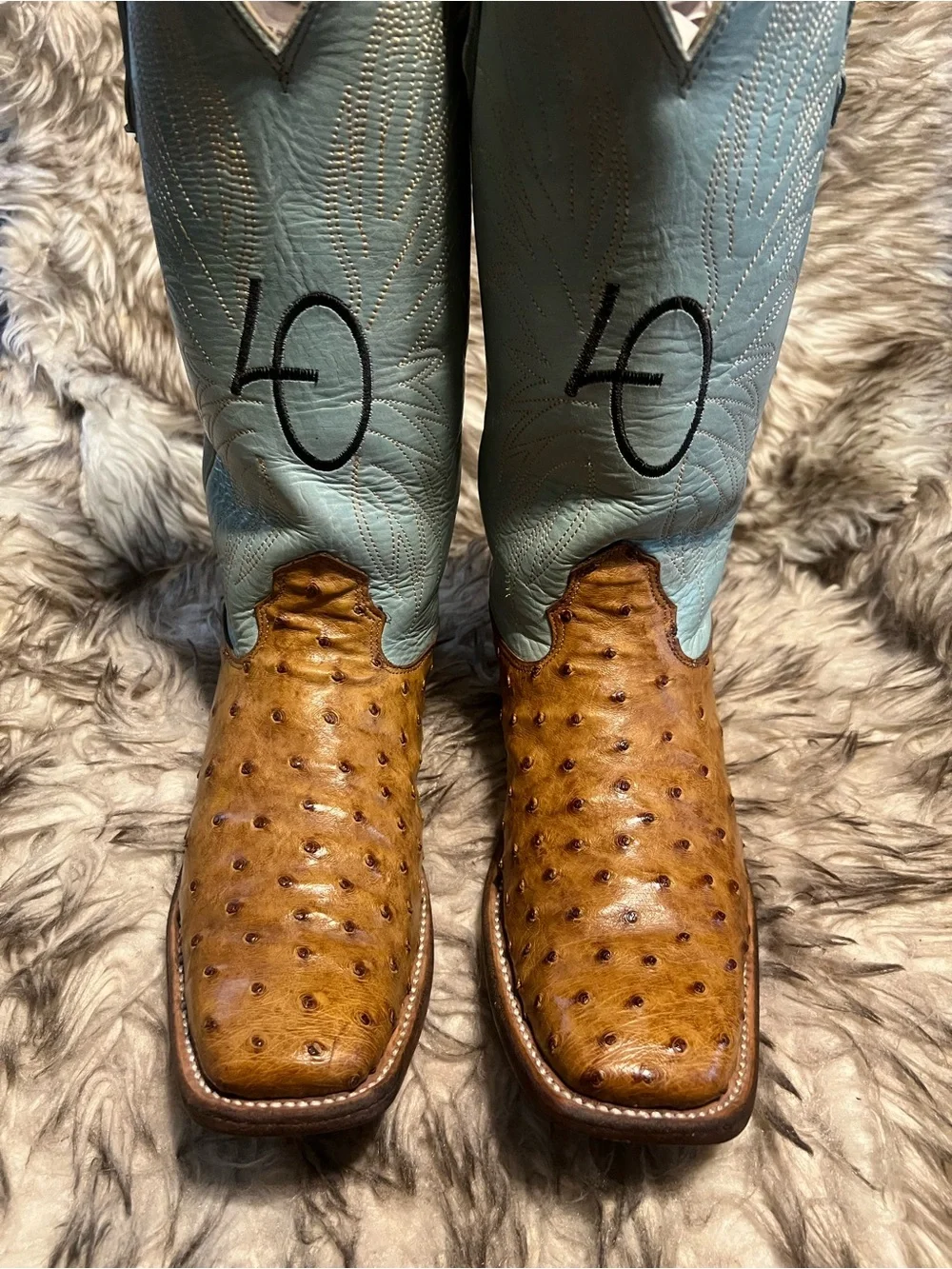 JM Collection Tan Ostrich Leather Western Boots with Light Blue Shaft Sz 8 D